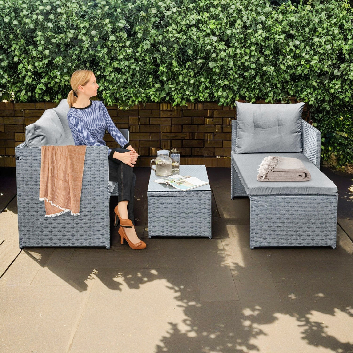 Florence Grey Outdoor Rattan Corner Sofa Set with Table