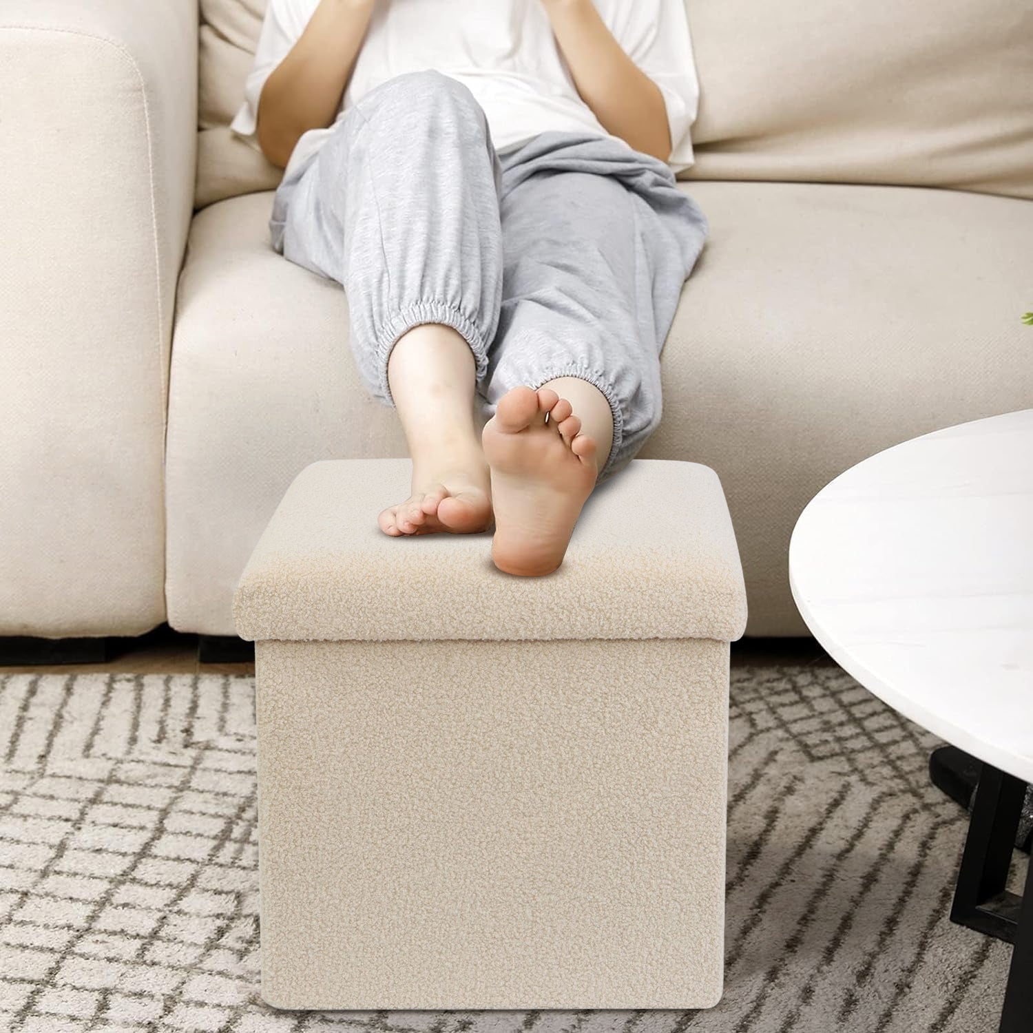 Cream Teddy Boucle Storage Footstool