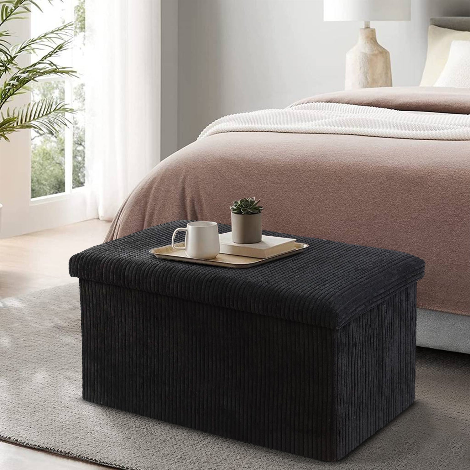 Black Corduroy Double Ottoman Storage Box