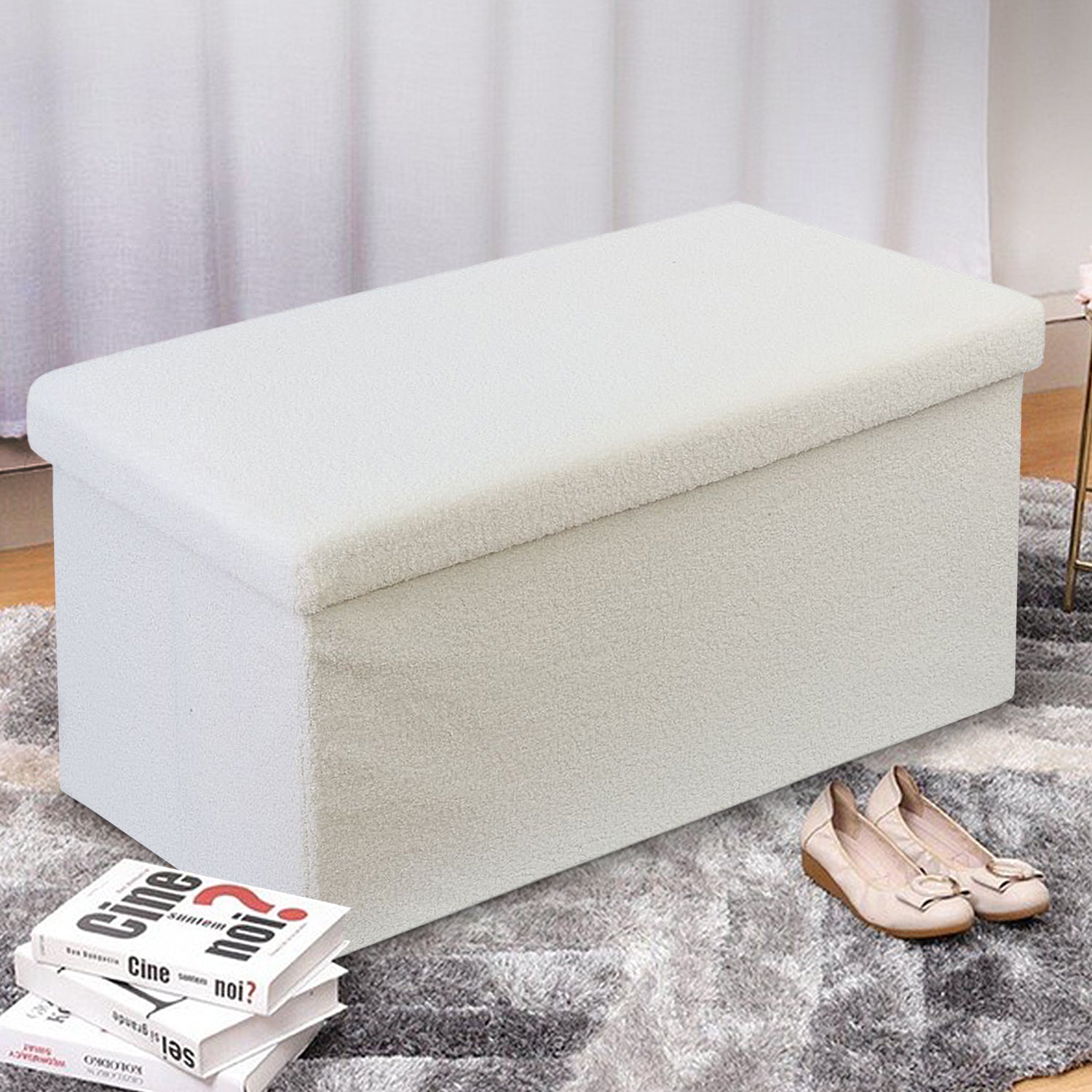 White Teddy Boucle Double Ottoman Storage Box