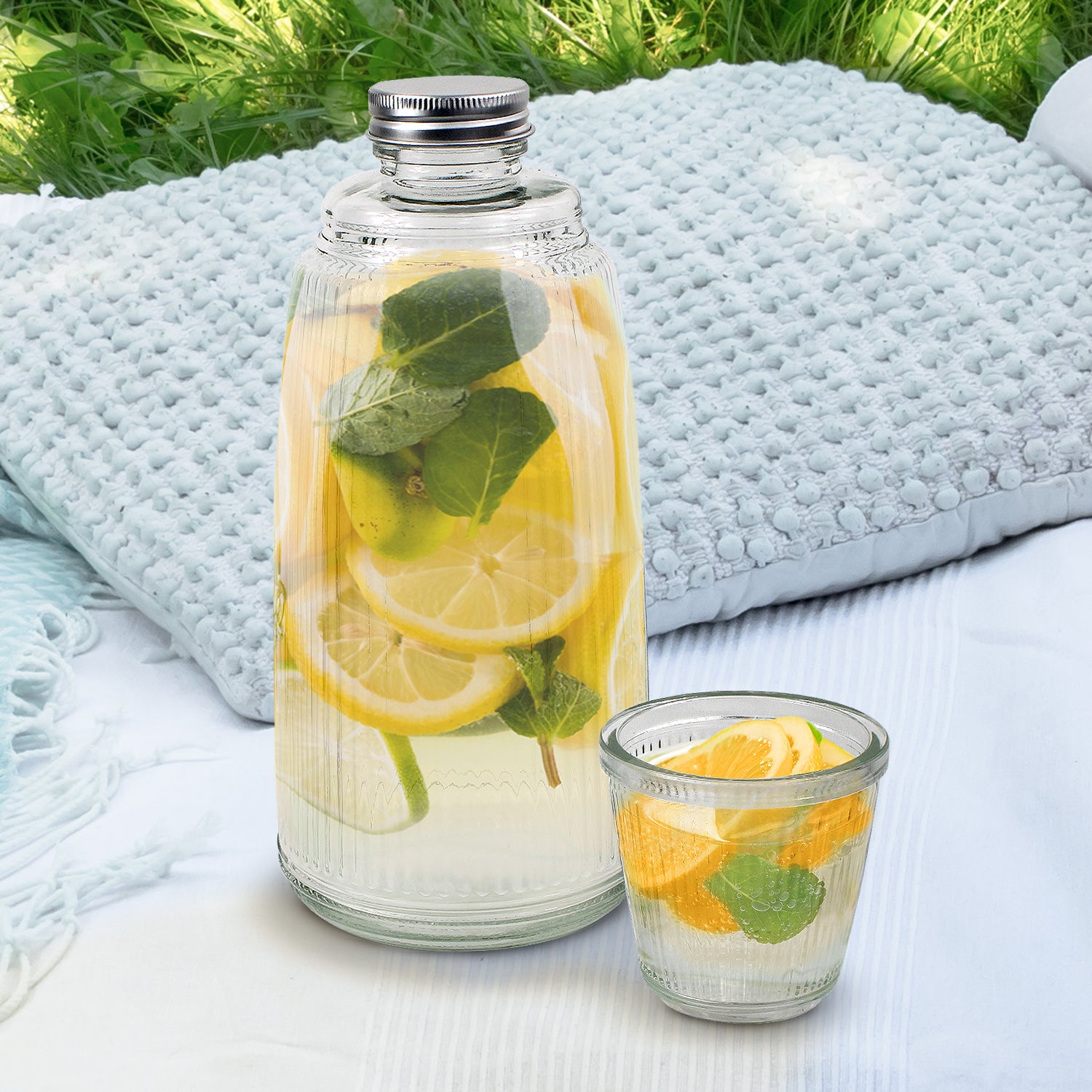 Bedside Water Carafe Set with 1L Glass Bottle and Drinking Glass