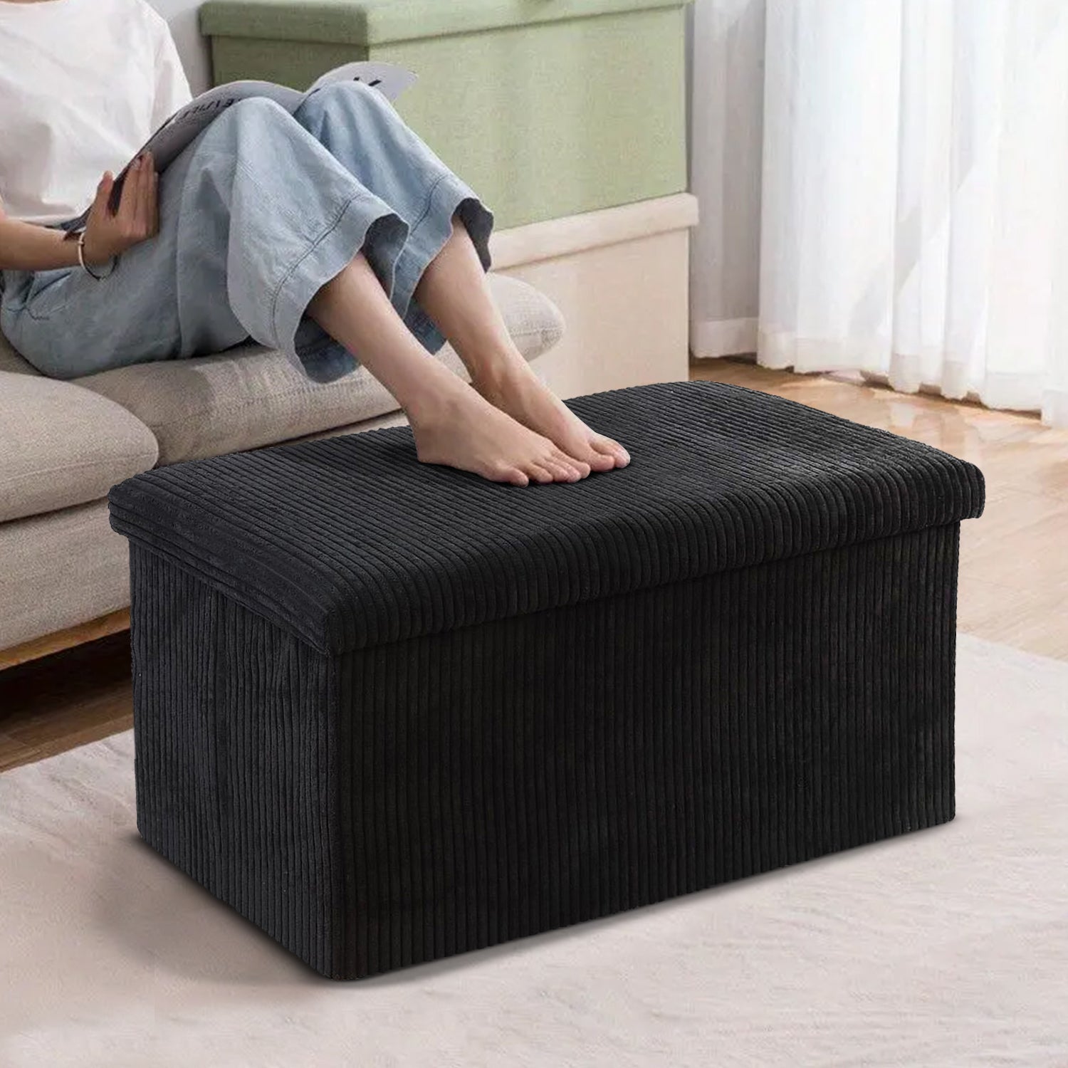 Black Corduroy Double Ottoman Storage Box