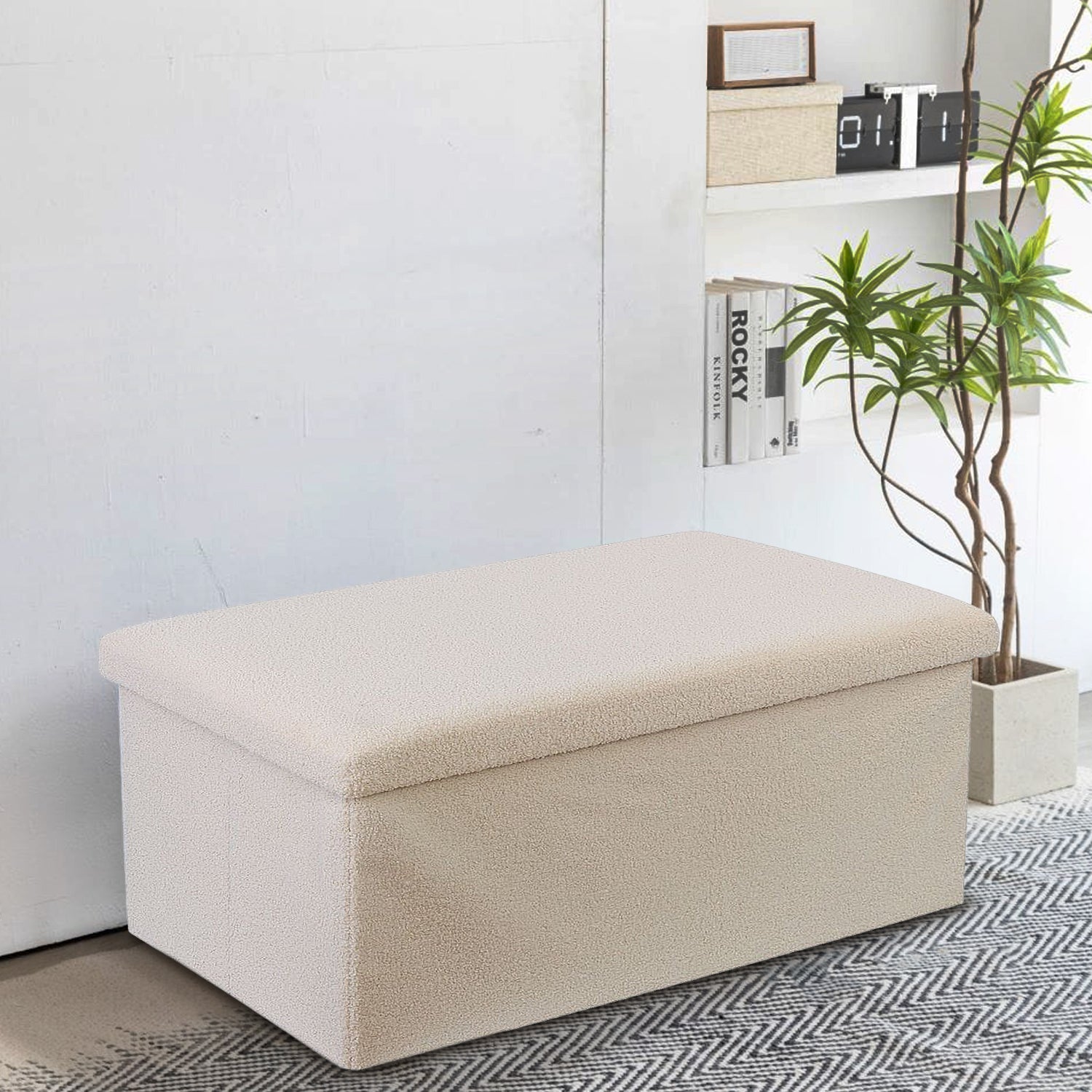 Cream Teddy Boucle Double Ottoman Storage Box