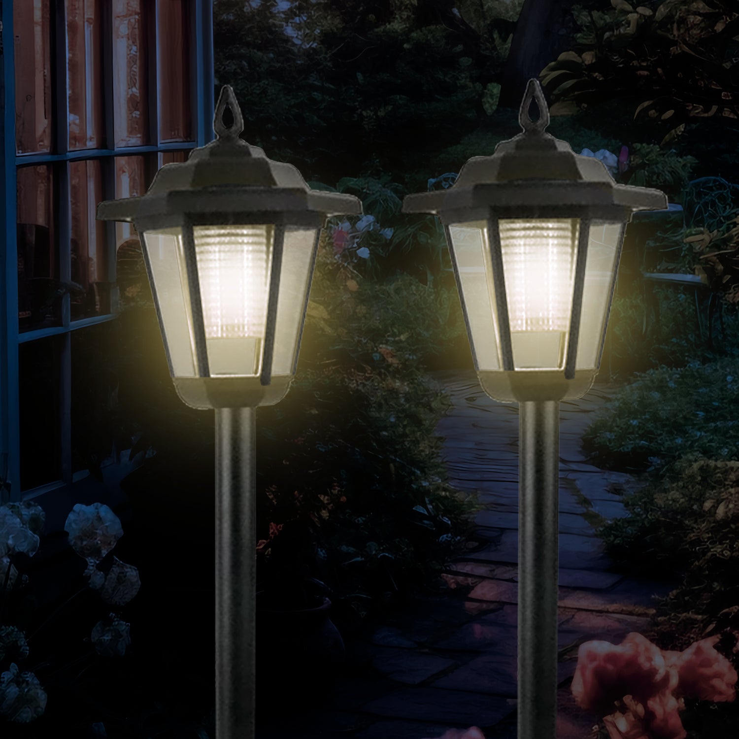 Set of 2 Solar Lamp Post Garden Lights