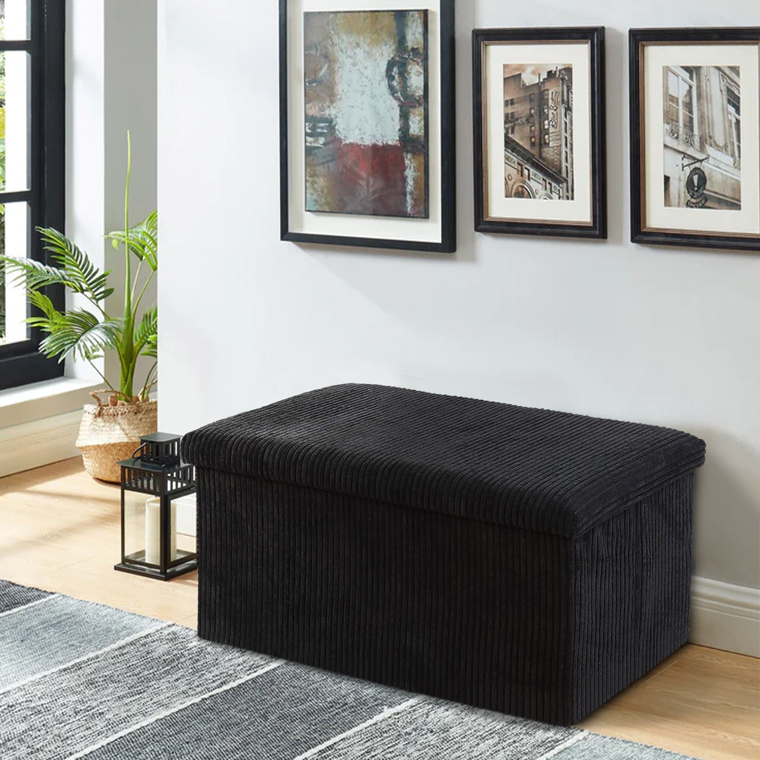 Black Corduroy Double Ottoman Storage Box