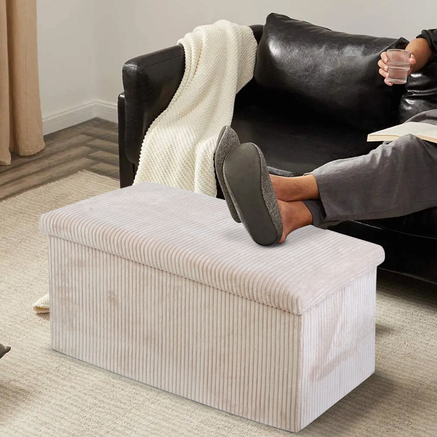 Cream Corduroy Double Ottoman Storage Box