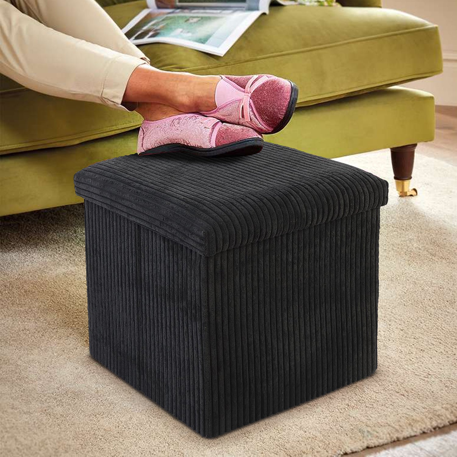 Black Corduroy Storage Footstool