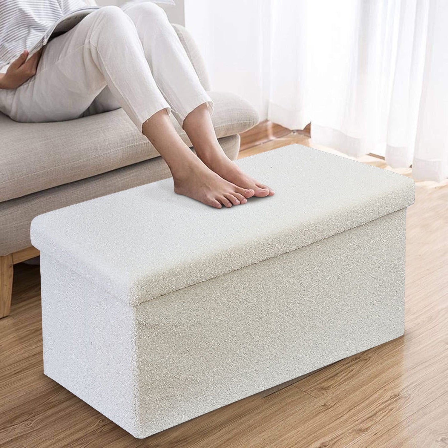 White Teddy Boucle Double Ottoman Storage Box