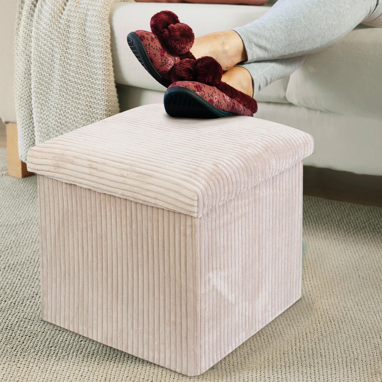 Cream Corduroy Storage Footstool