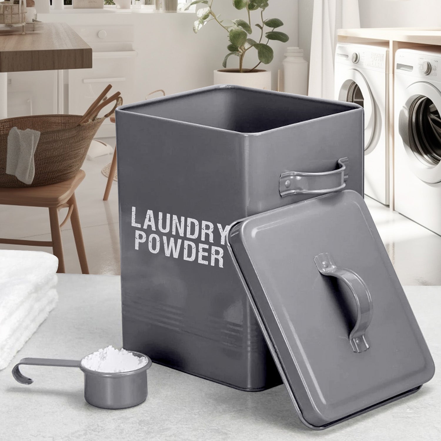 Grey Laundry Powder Storage Box with Scoop