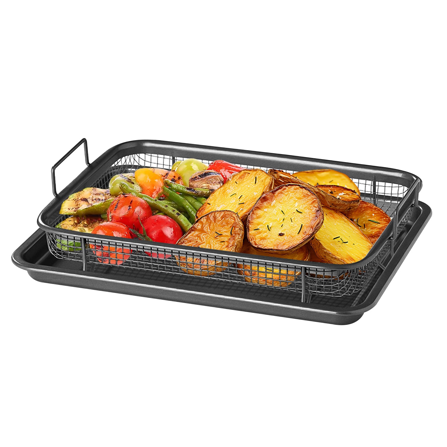 2 Piece Air Fryer Crisper Tray with Oven Tray & Elevated Mesh Crisping Basket