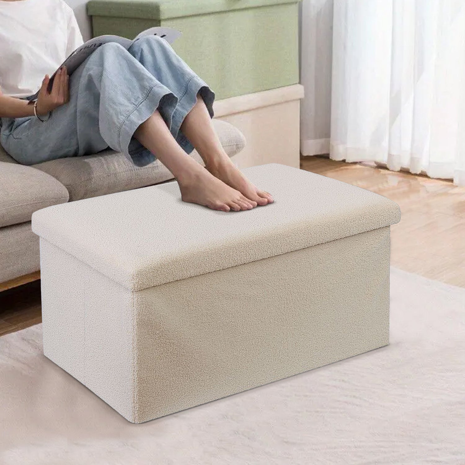 Cream Teddy Boucle Double Ottoman Storage Box