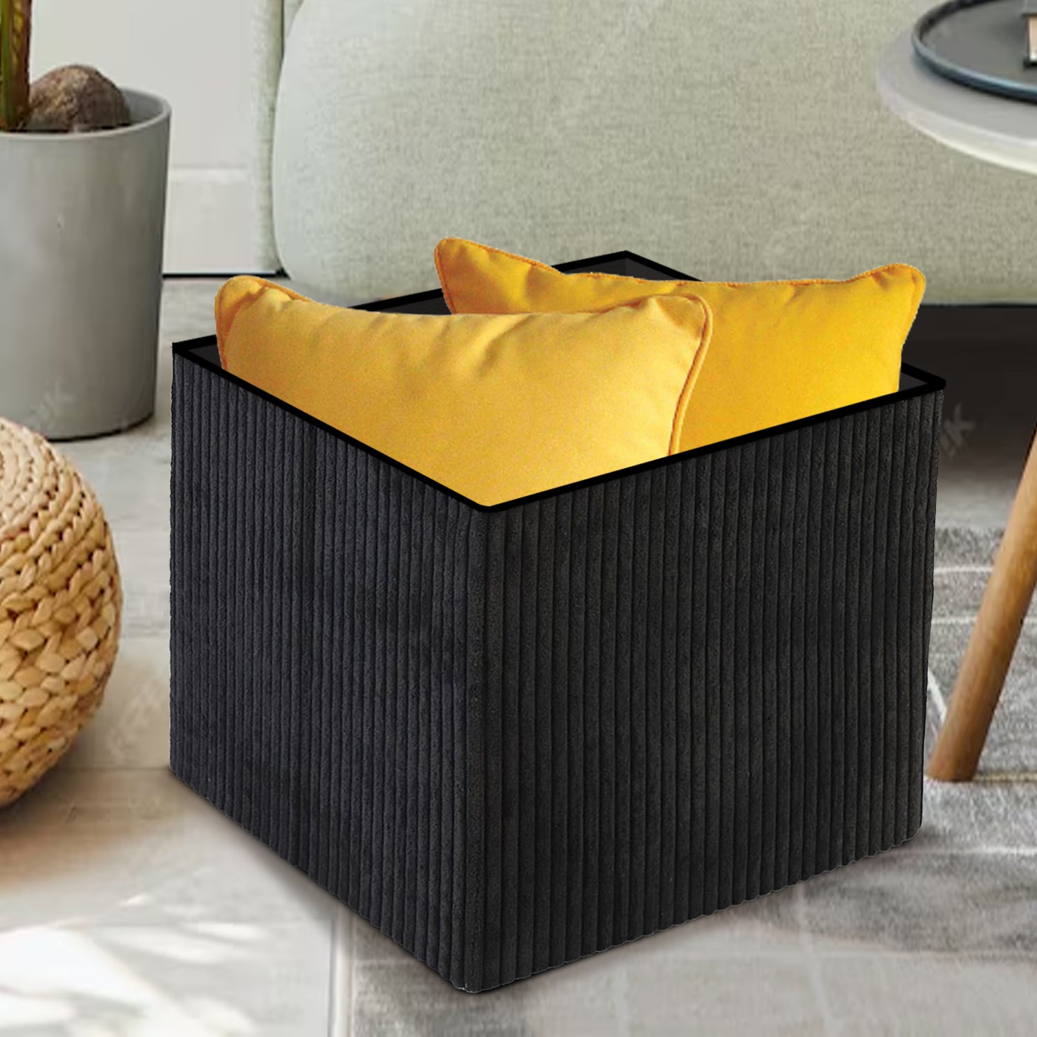 Black Corduroy Storage Footstool