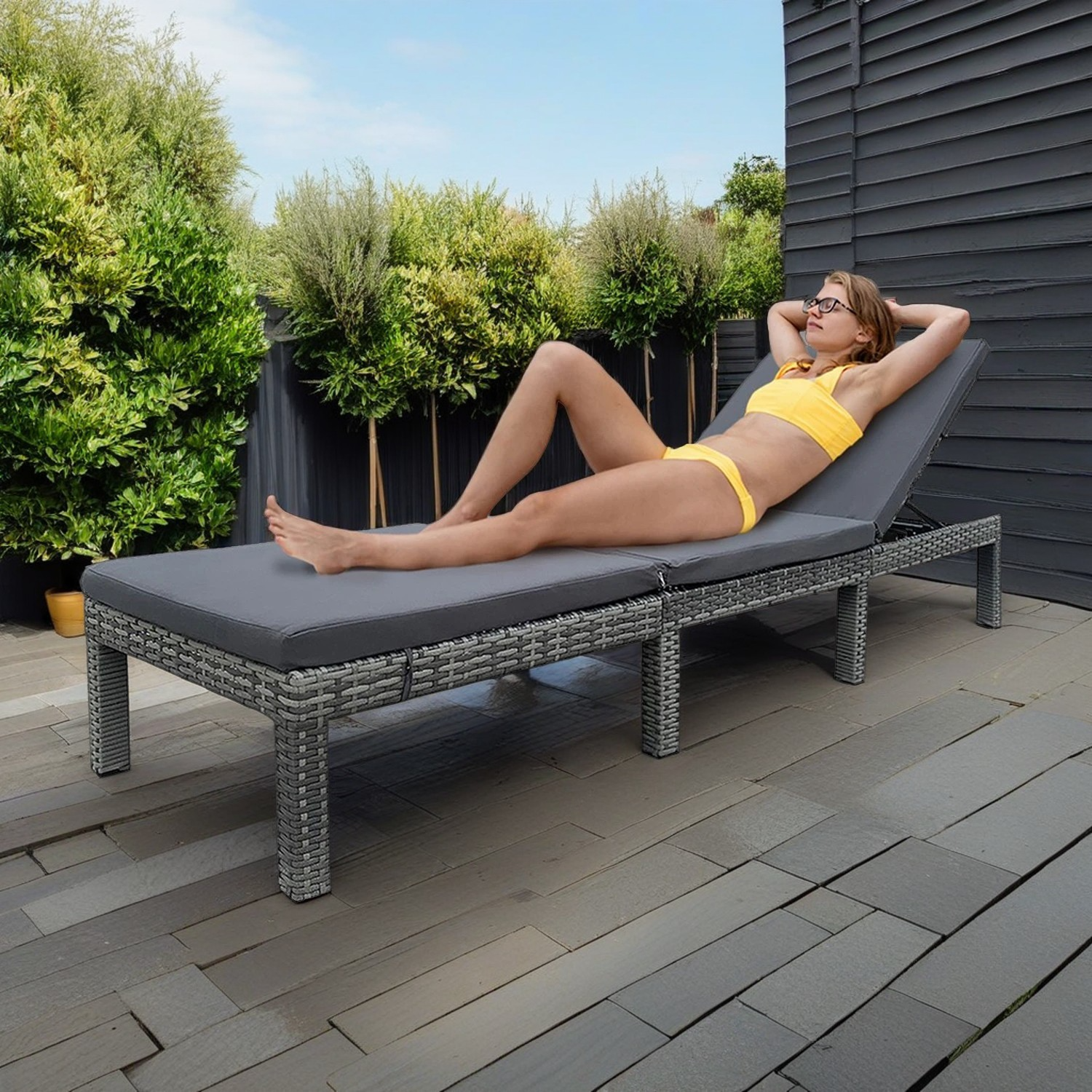 Rattan Effect Plastic Grey Sun Lounger With Cushions