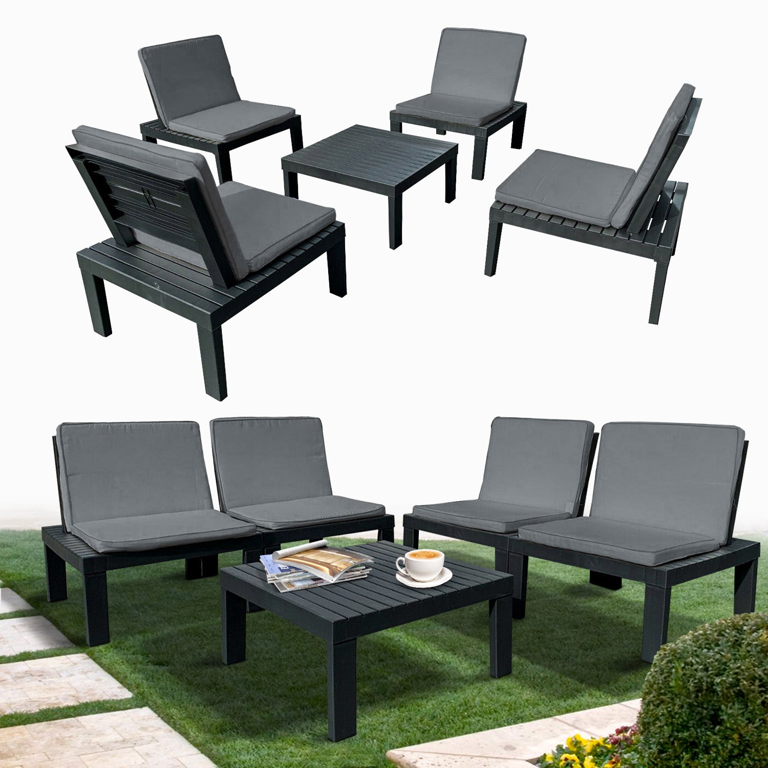 5 Piece Rattan Garden Furniture Set with Cushions