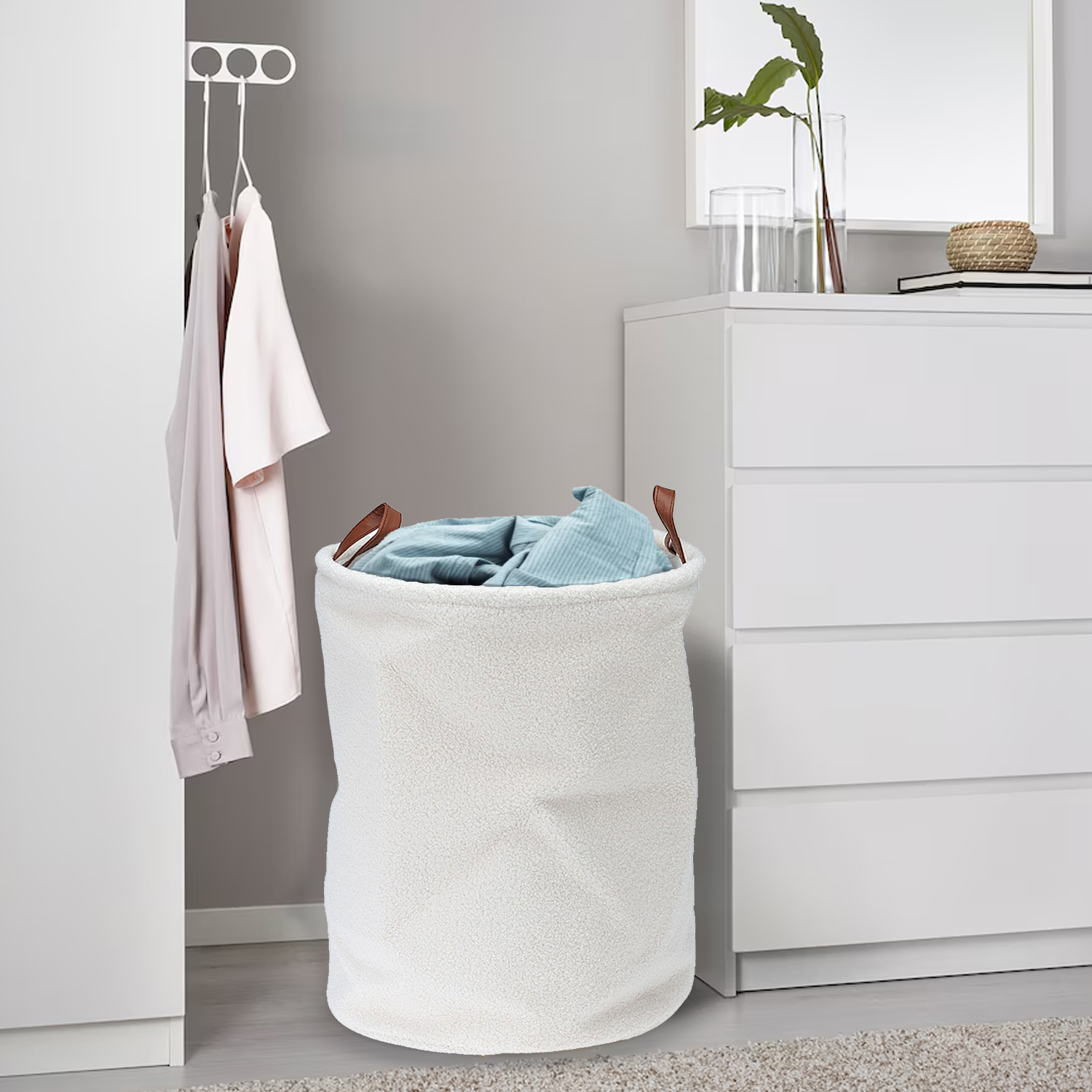 Teddy Boucle Round Laundry Storage Basket with Faux Leather Handles