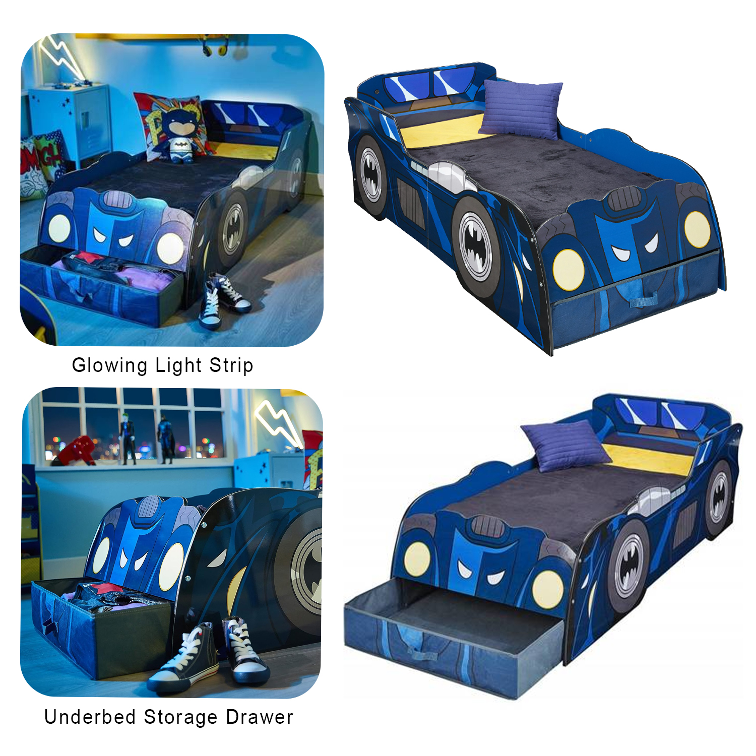 Batman Batmobile Toddler Bed Car with Storage Drawer & LED Light Strip