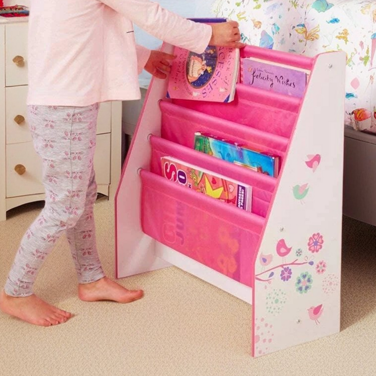 Pink Flowers and Birds Freestanding Sling Bookcase