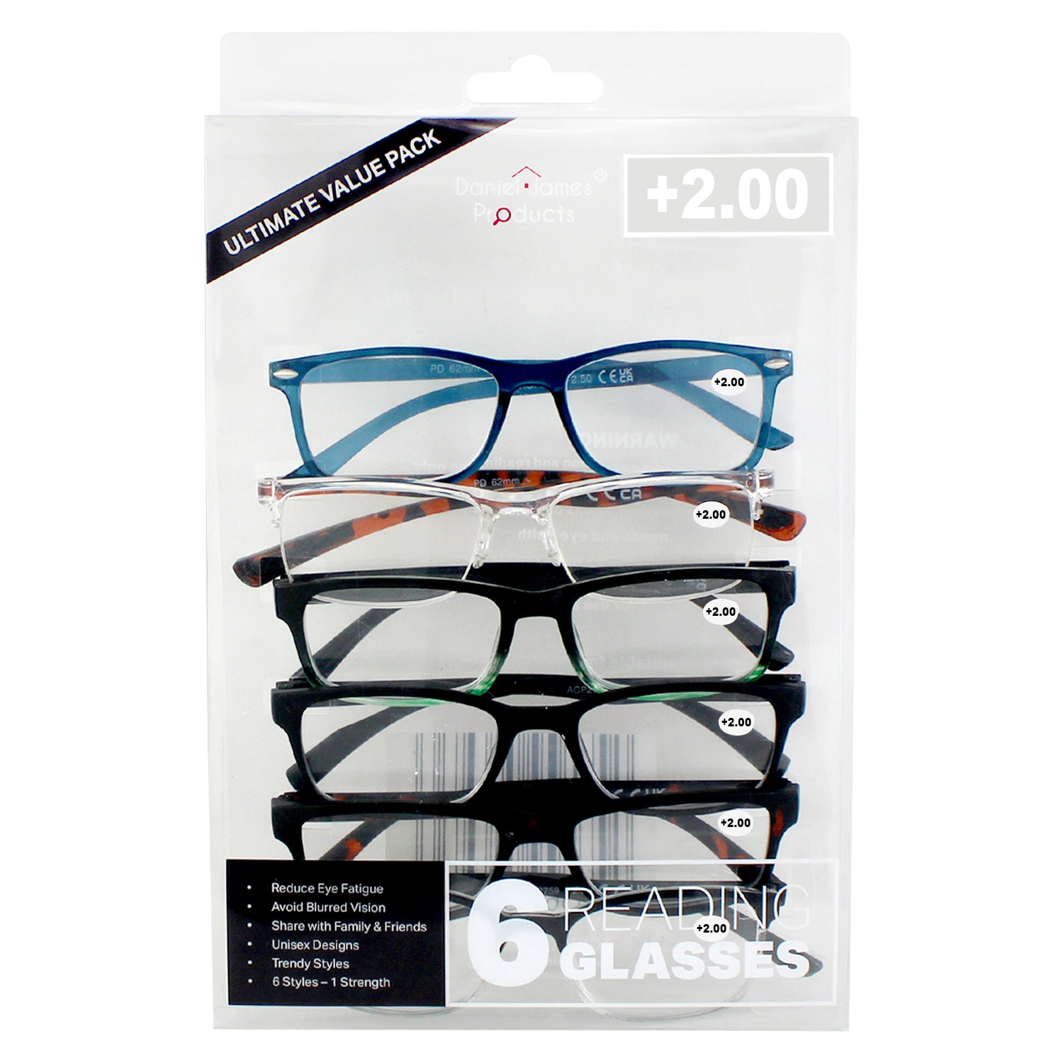 Pack of 6 Reading Glasses Unisex - +1.5 | +2.0 | +2.5 | +3.0