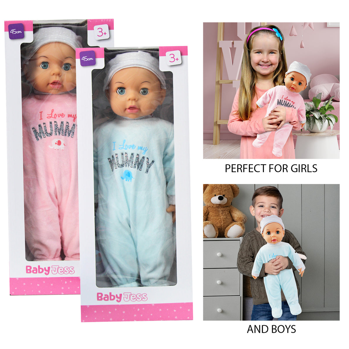 45cm Baby Doll with Hat & Fleece Babygrow | Pink or Blue Option