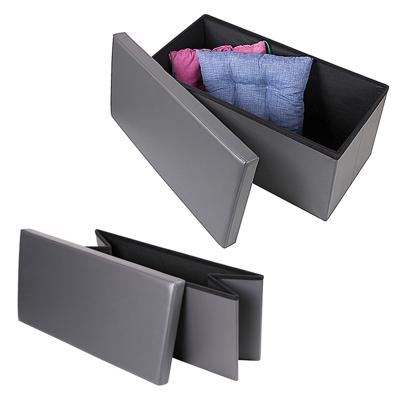 Dark Grey Leather Foldable Storage Ottoman