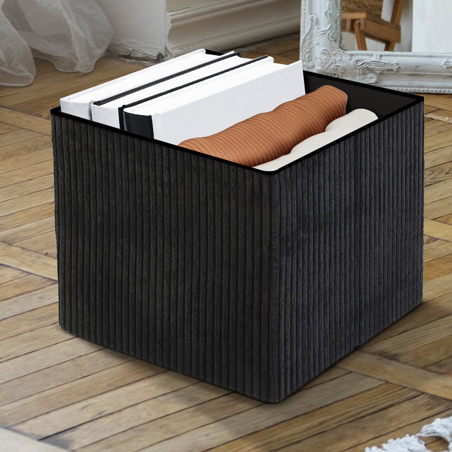 Black Corduroy Storage Footstool