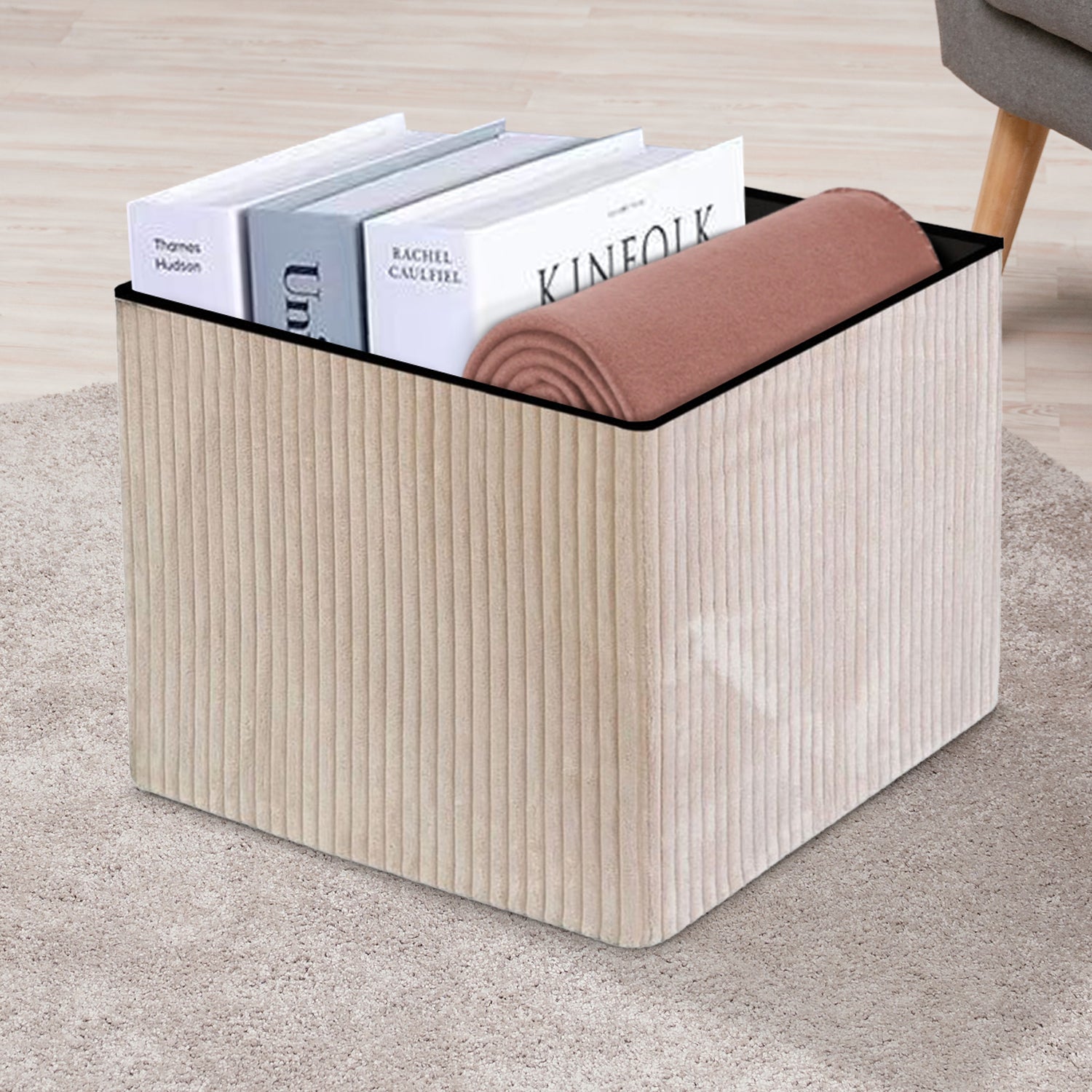 Cream Corduroy Storage Footstool