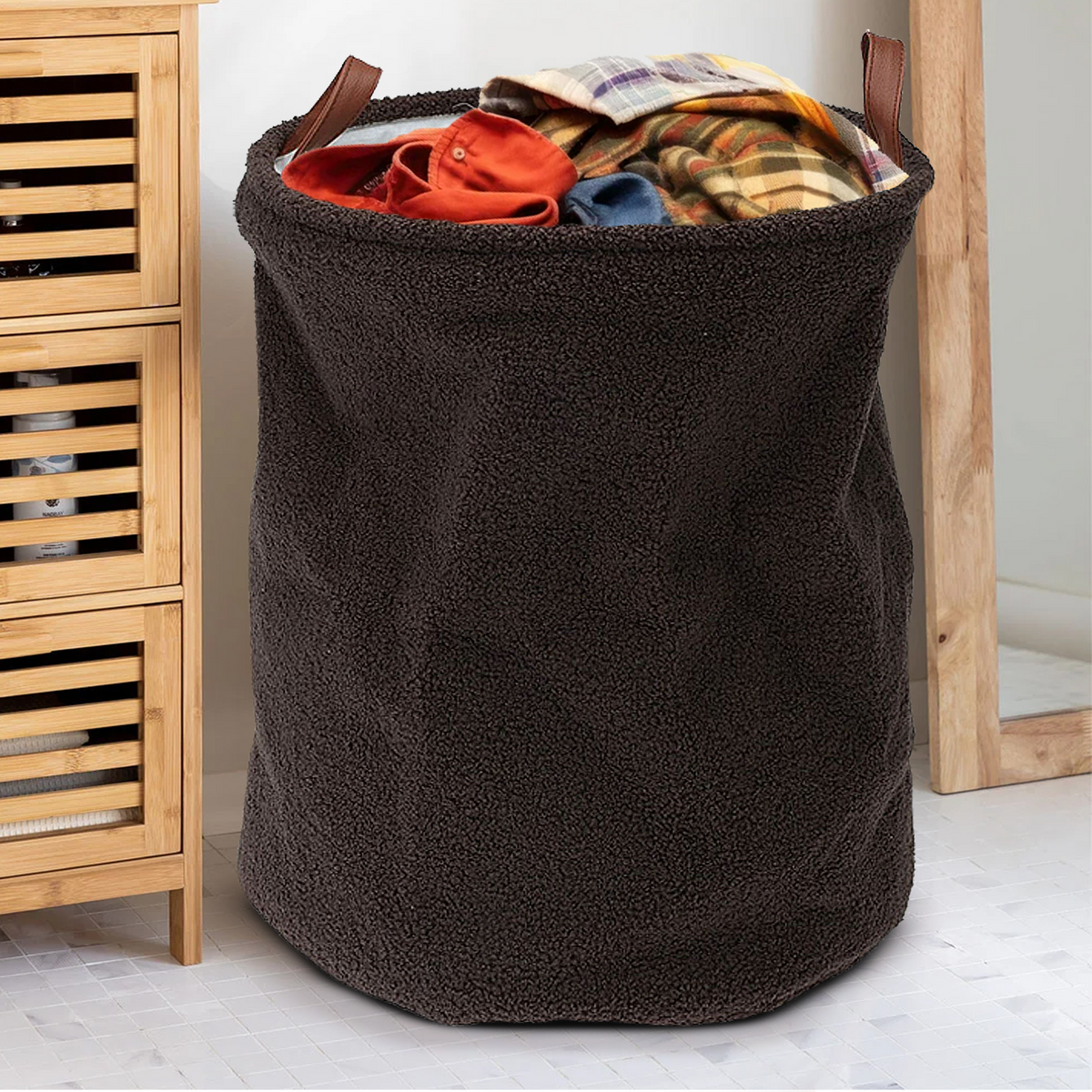 Teddy Boucle Round Laundry Storage Basket with Faux Leather Handles