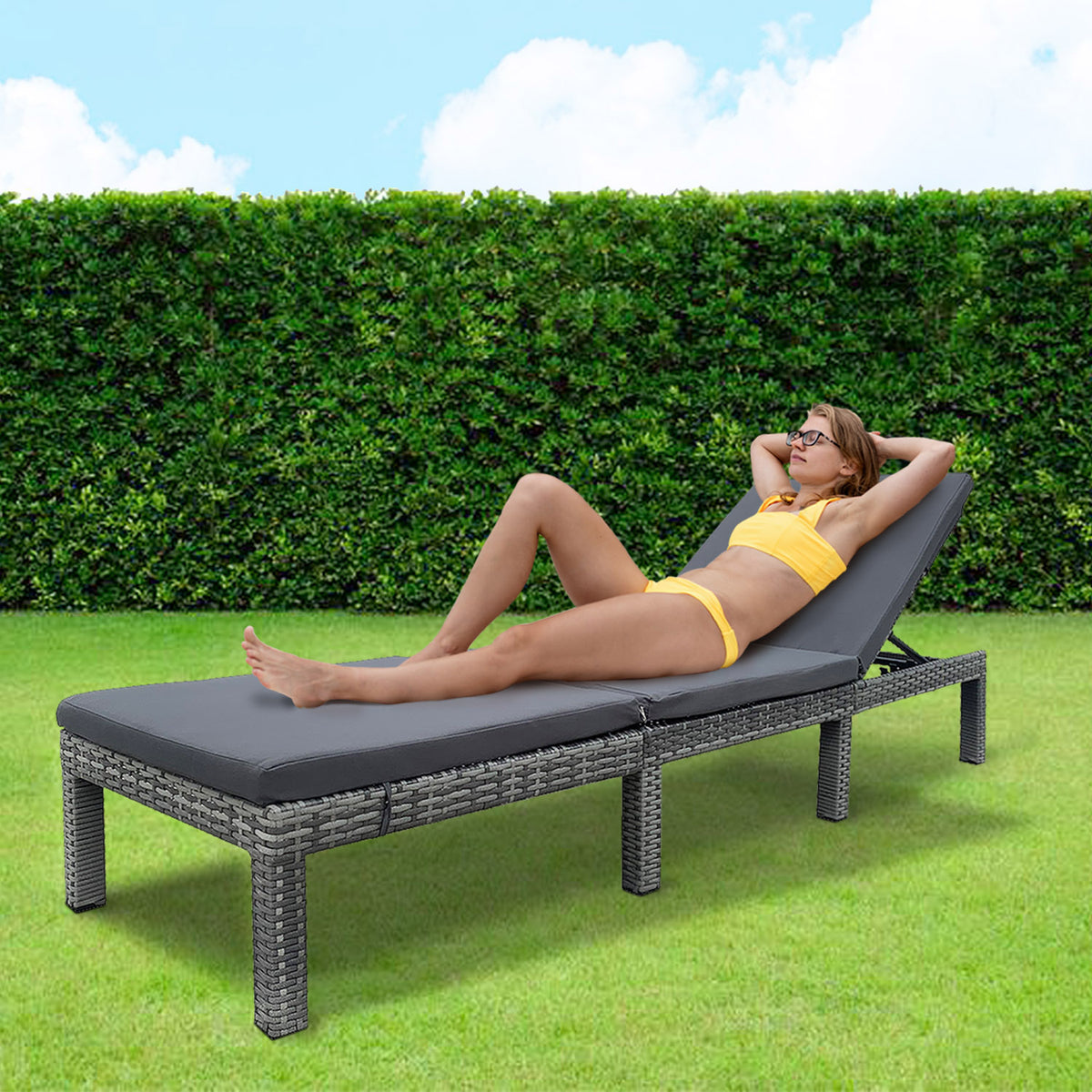 Rattan Effect Plastic Grey Sun Lounger With Cushions