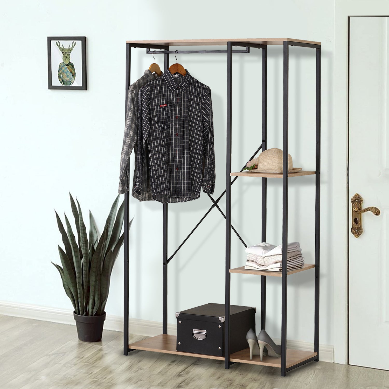 Double Wardrobe Clothes Rail with 3 Shelves