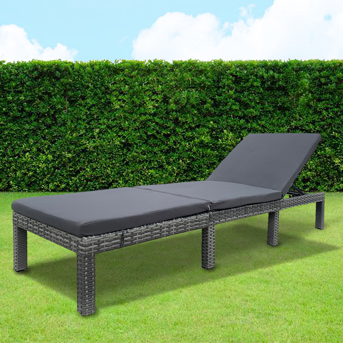 Rattan Effect Plastic Grey Sun Lounger With Cushions