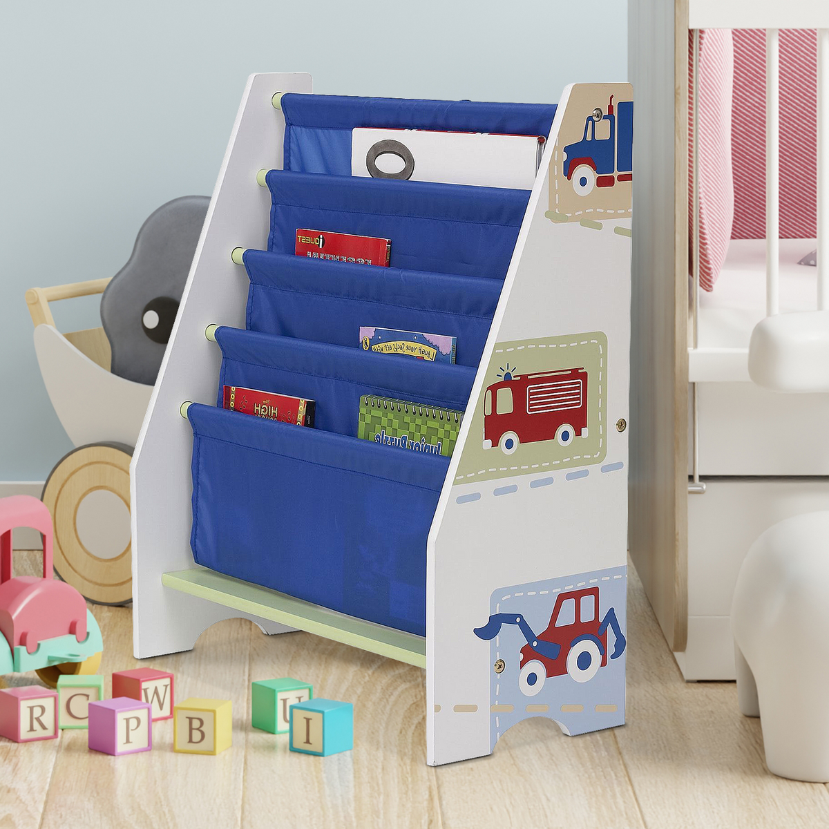 Vehicles Cars Blue Freestanding Sling Bookcase