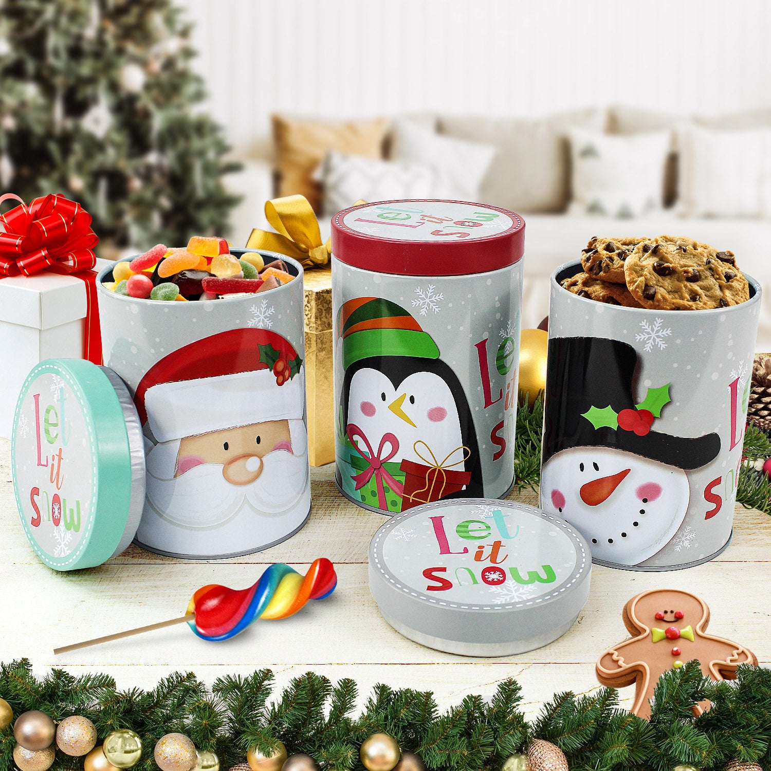 Set of 3 Christmas Cookie Canister Storage Tins