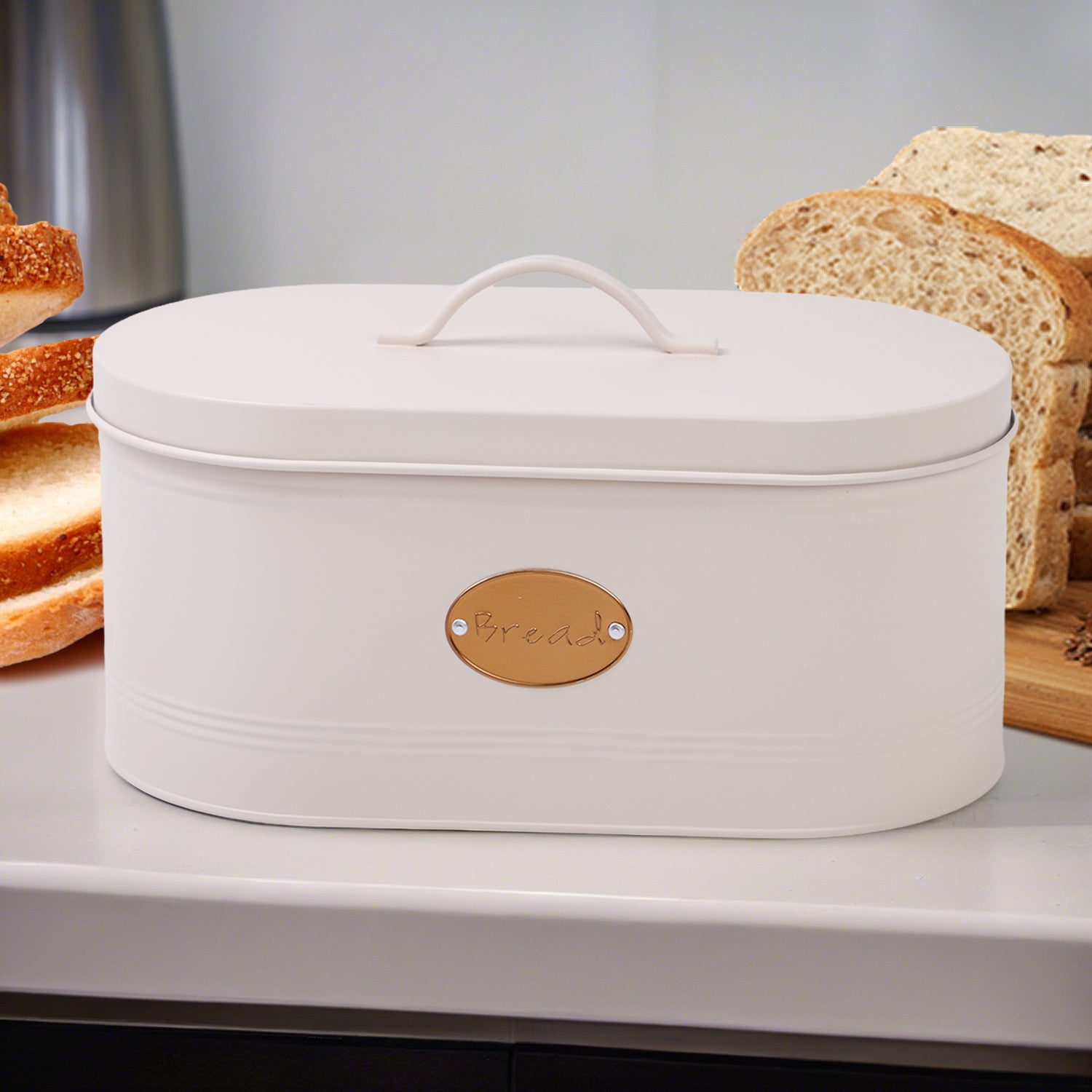 Bread Bin With Lid Cream With Copper Badge