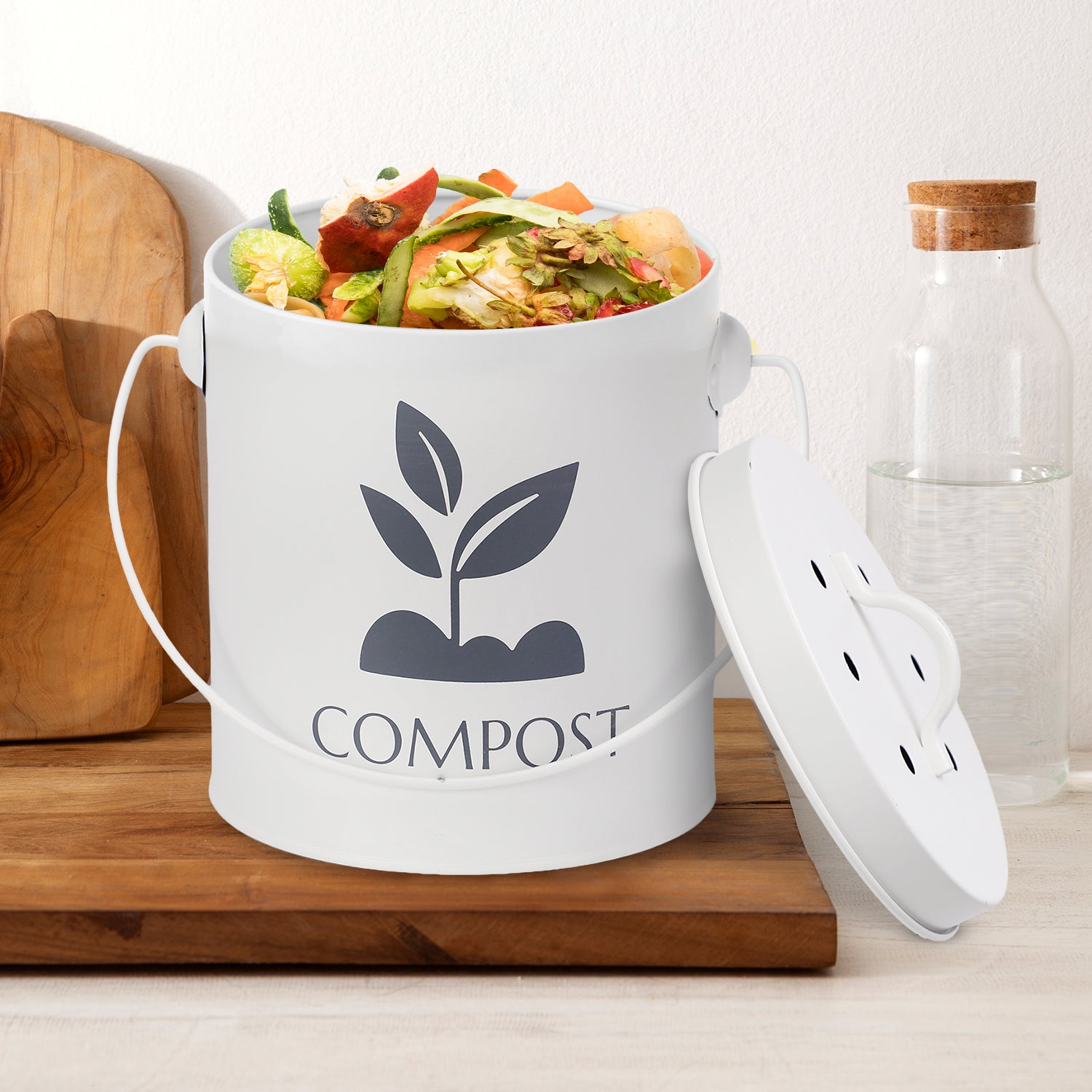 White Kitchen Compost Bin With Lid & Handle