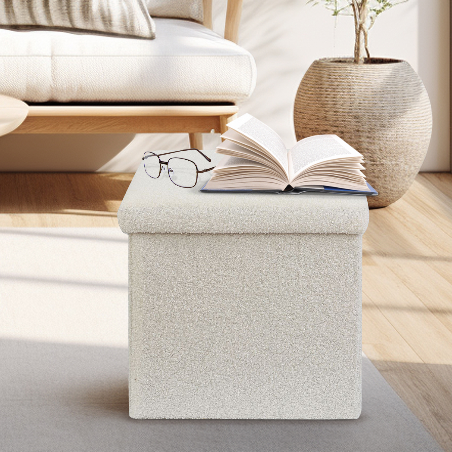 White Teddy Boucle Storage Footstool