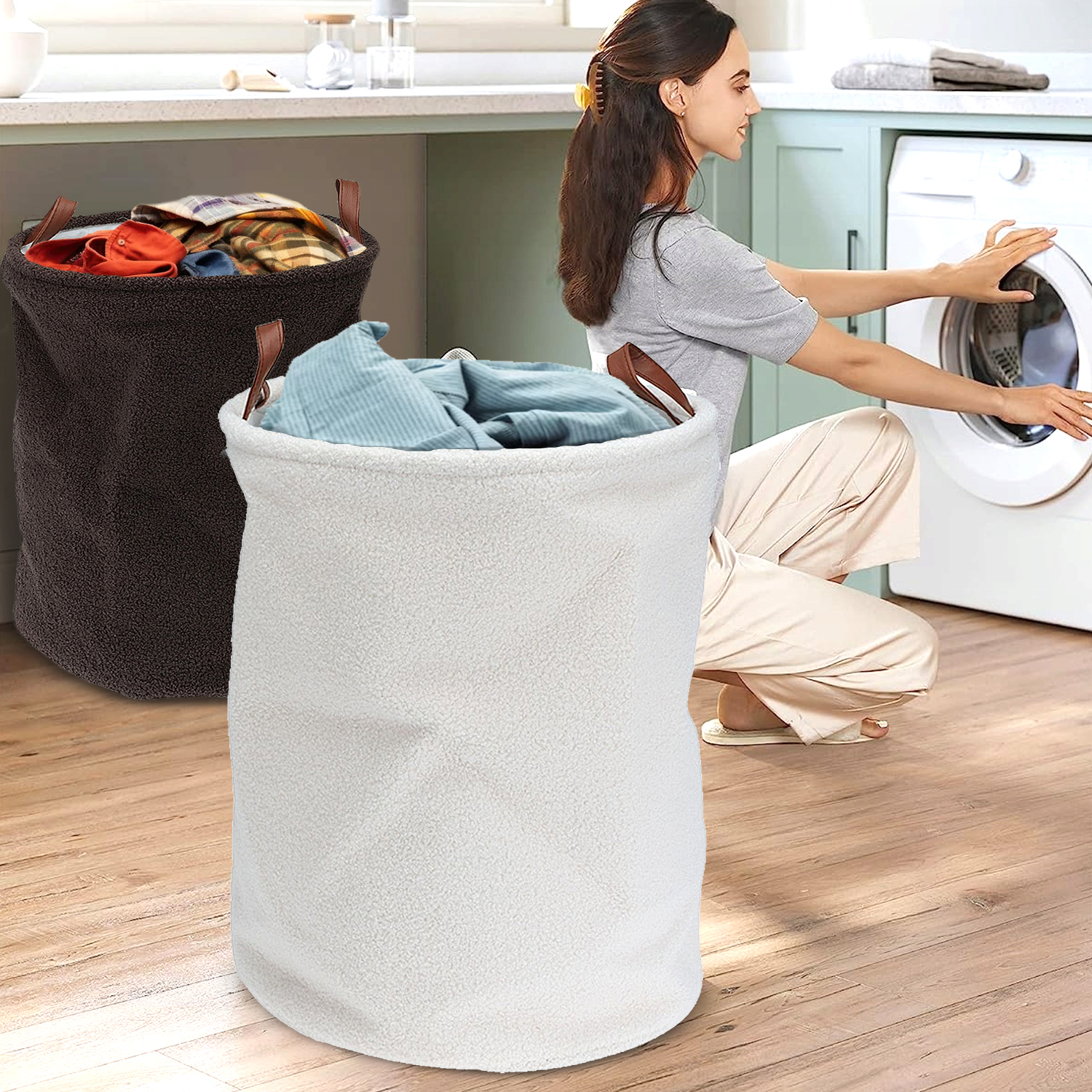 Teddy Boucle Round Laundry Storage Basket with Faux Leather Handles