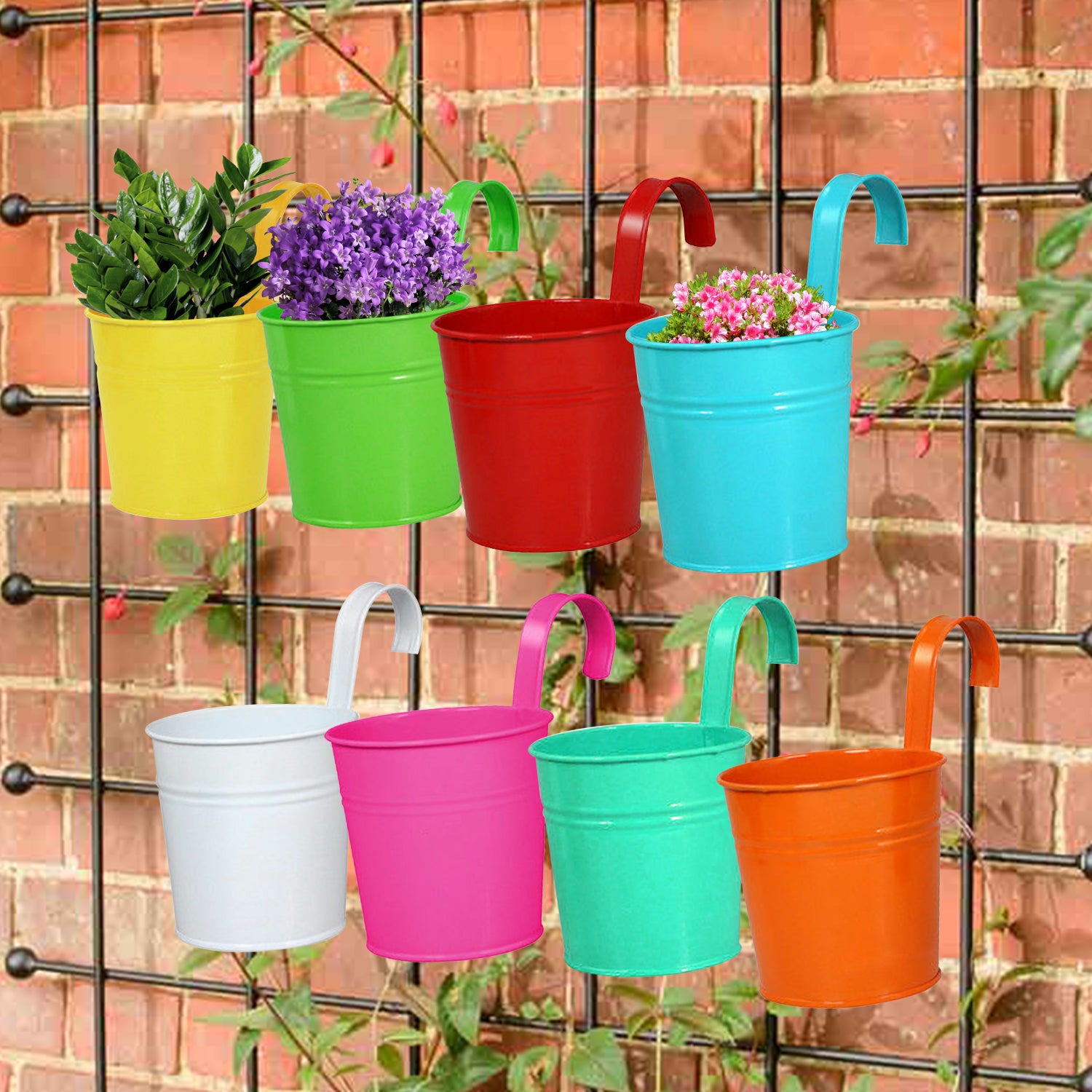 Set of 10 Coloured Metal Hanging Flower Pot