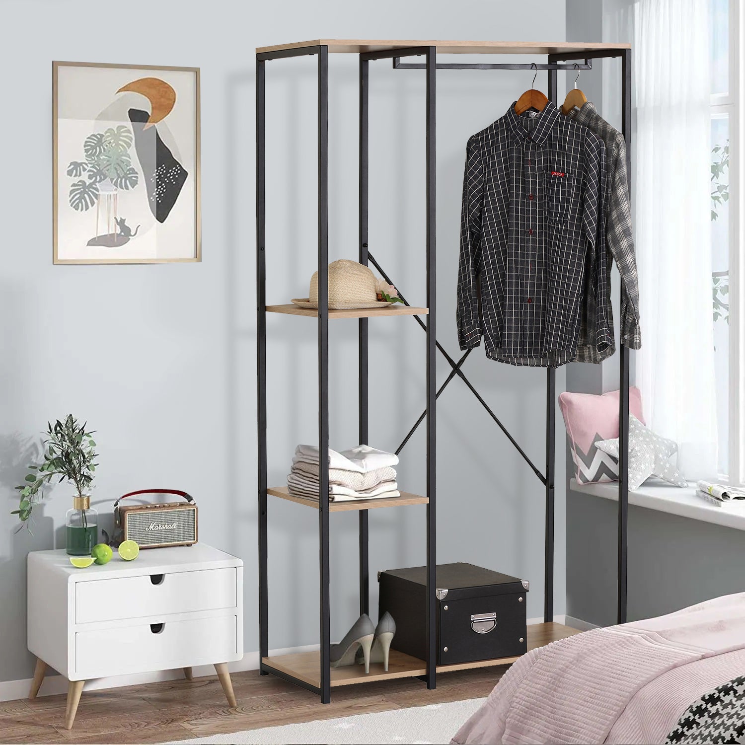 Double Wardrobe Clothes Rail with 3 Shelves