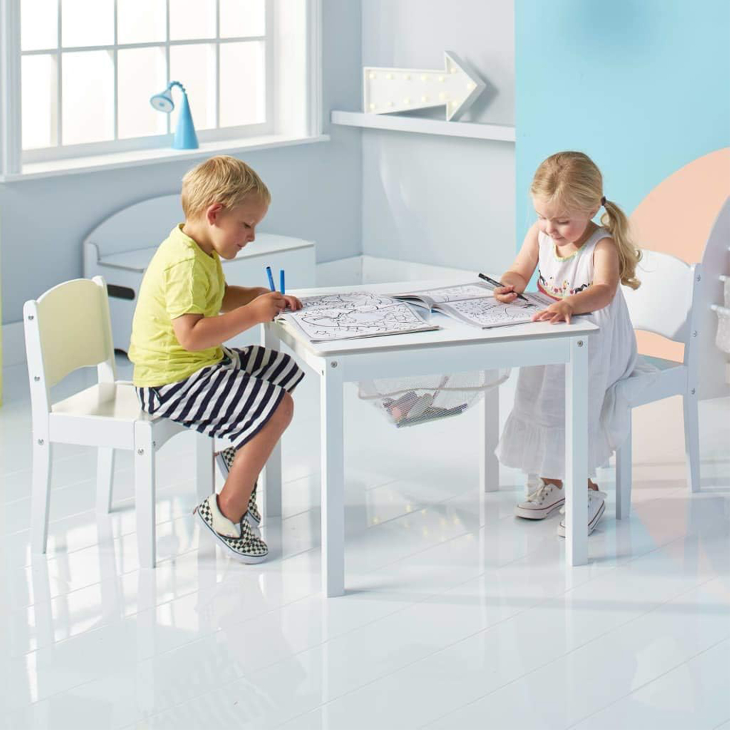 Kids White Craft Table with Storage and 2 Chairs Set