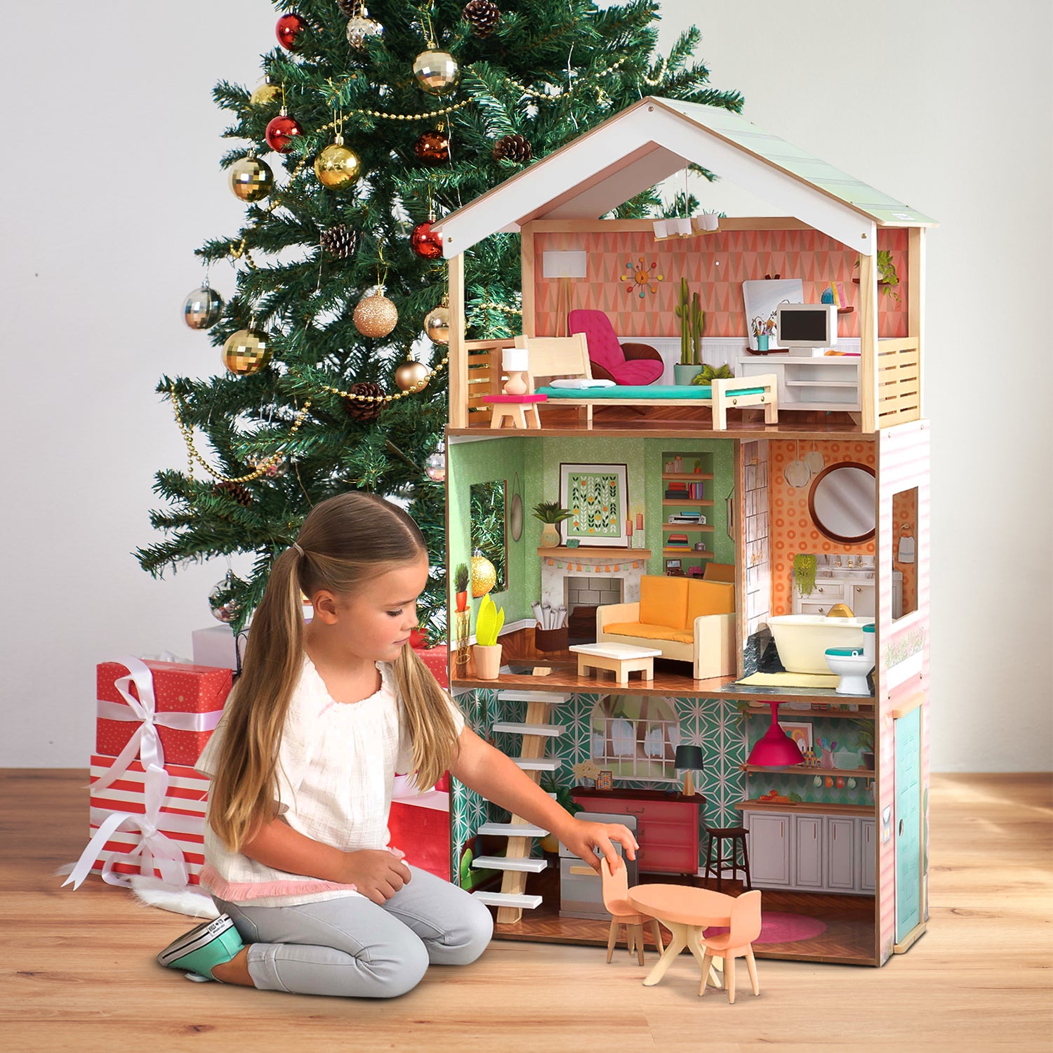 KidKraft Dottie Wooden DollHouse Tall 3 Floors with 17 Furniture Accessories