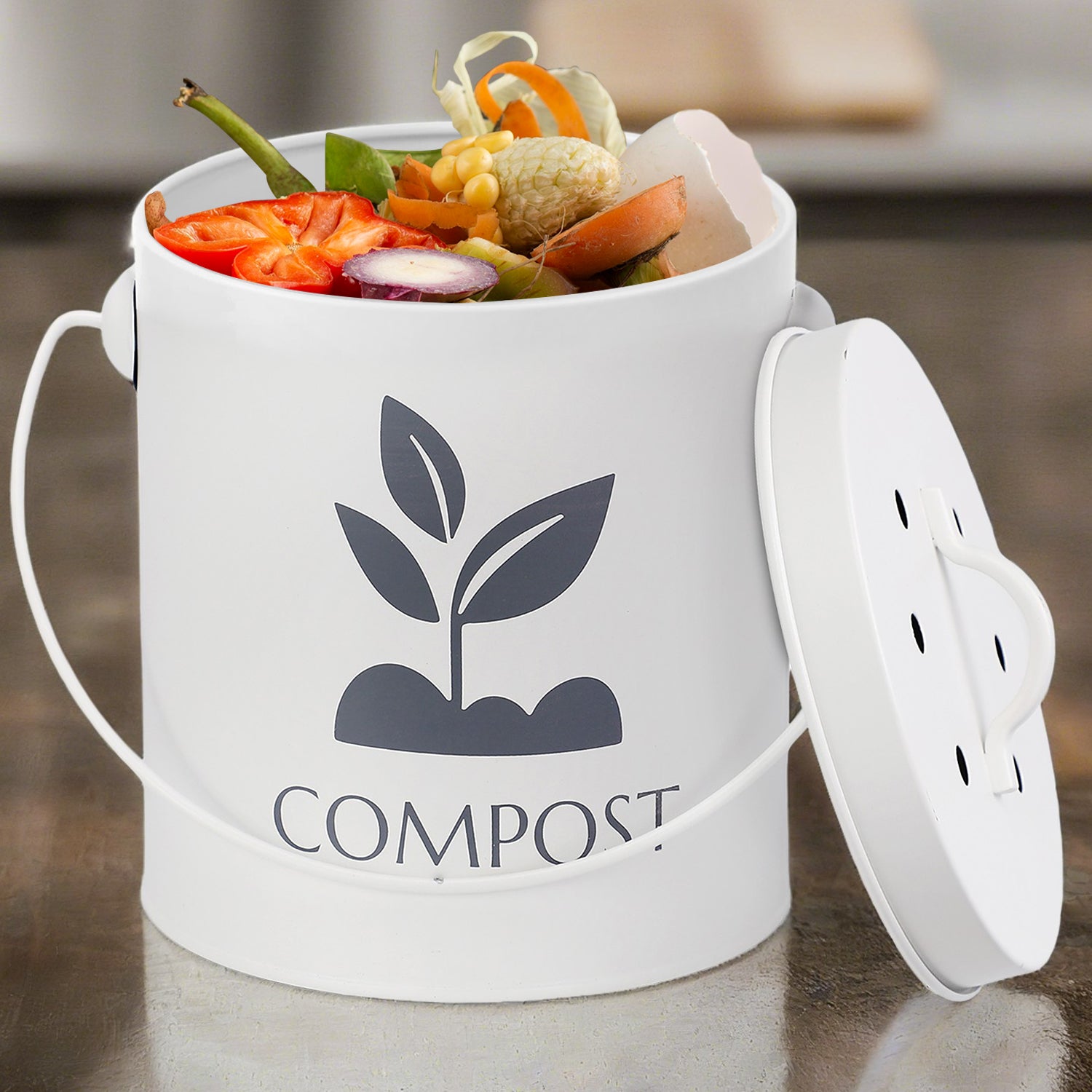 White Kitchen Compost Bin With Lid & Handle