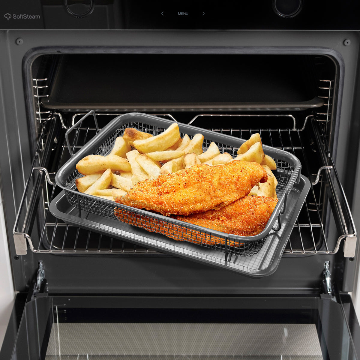 2 Piece Air Fryer Crisper Tray with Oven Tray & Elevated Mesh Crisping Basket