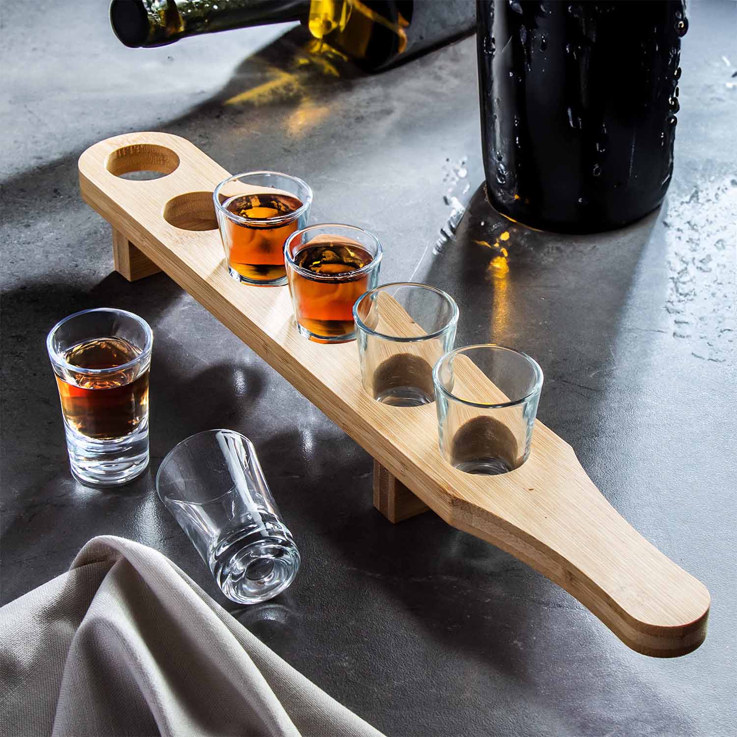 Set of 6 Shot Glasses with Wooden Serving Tray Paddle