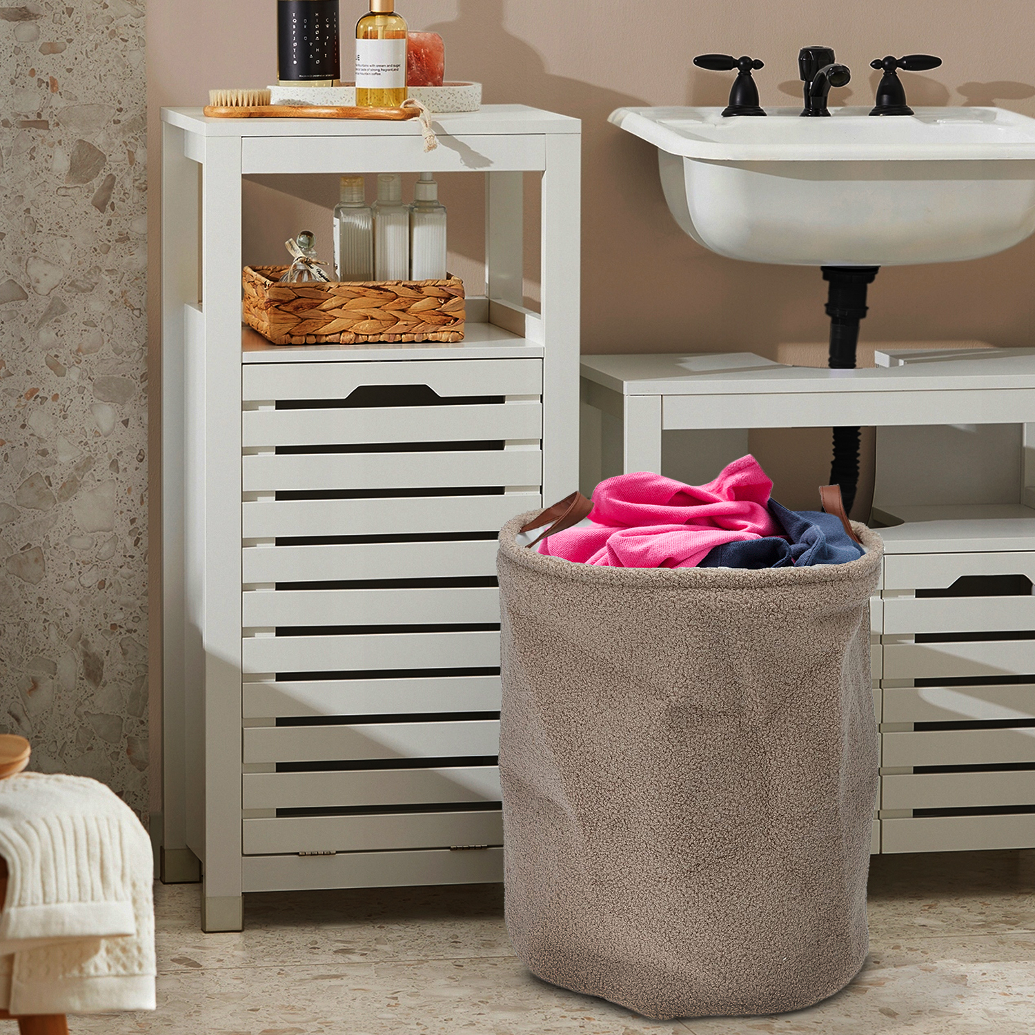 Teddy Boucle Round Laundry Storage Basket with Faux Leather Handles