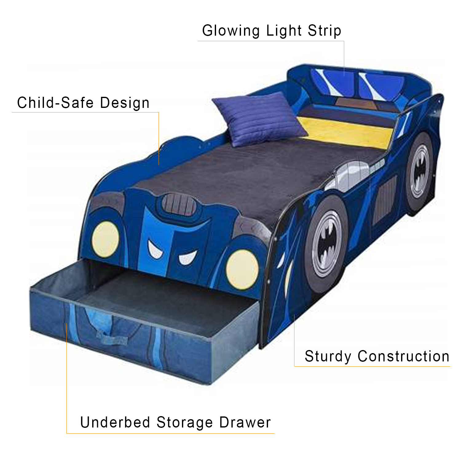 Batman Batmobile Toddler Bed Car with Storage Drawer & LED Light Strip