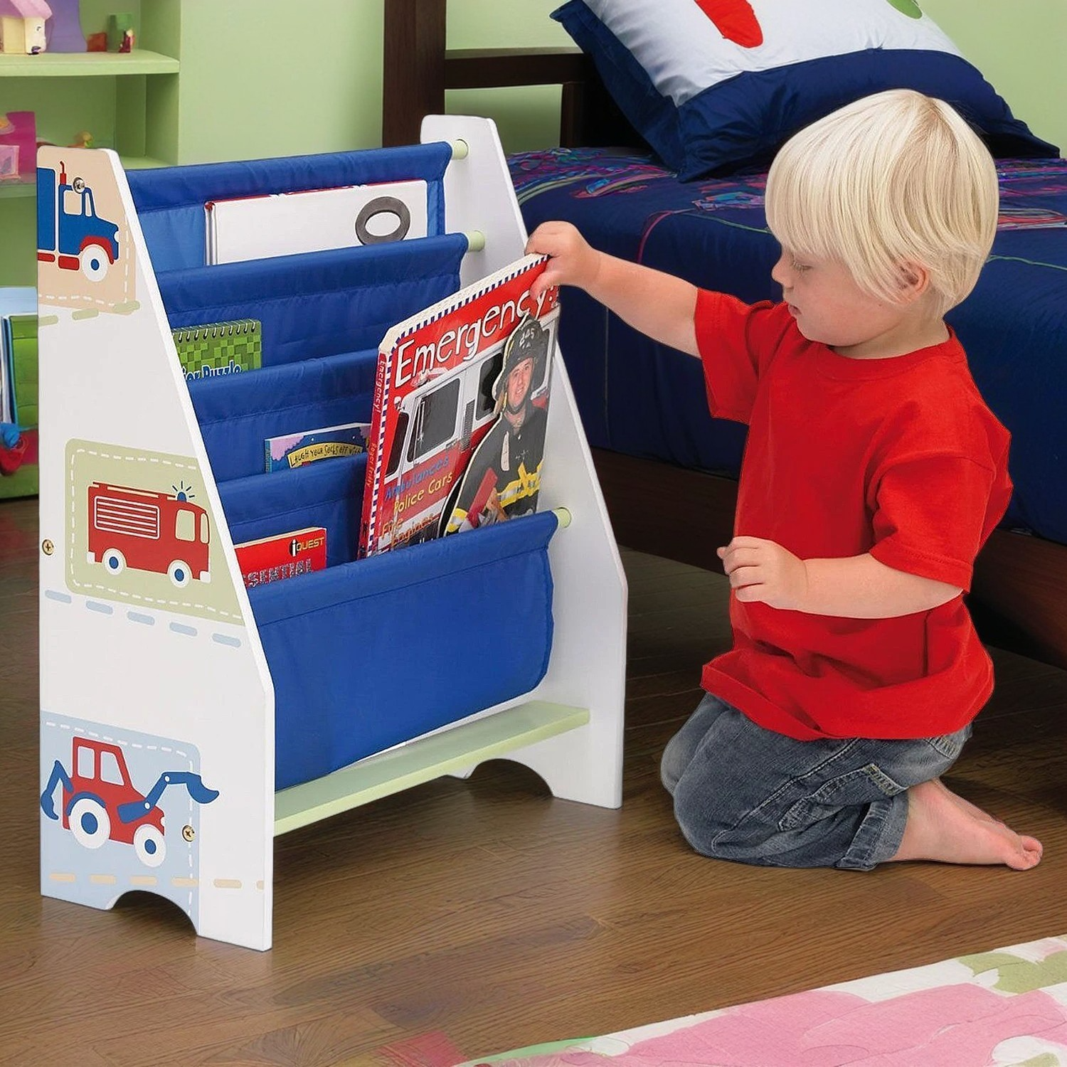 Vehicles Cars Blue Freestanding Sling Bookcase