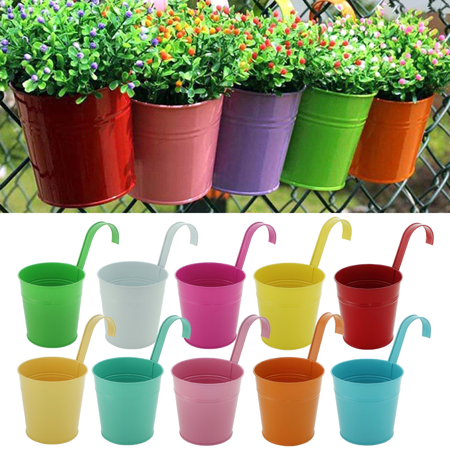 Set of 10 Coloured Metal Hanging Flower Pot