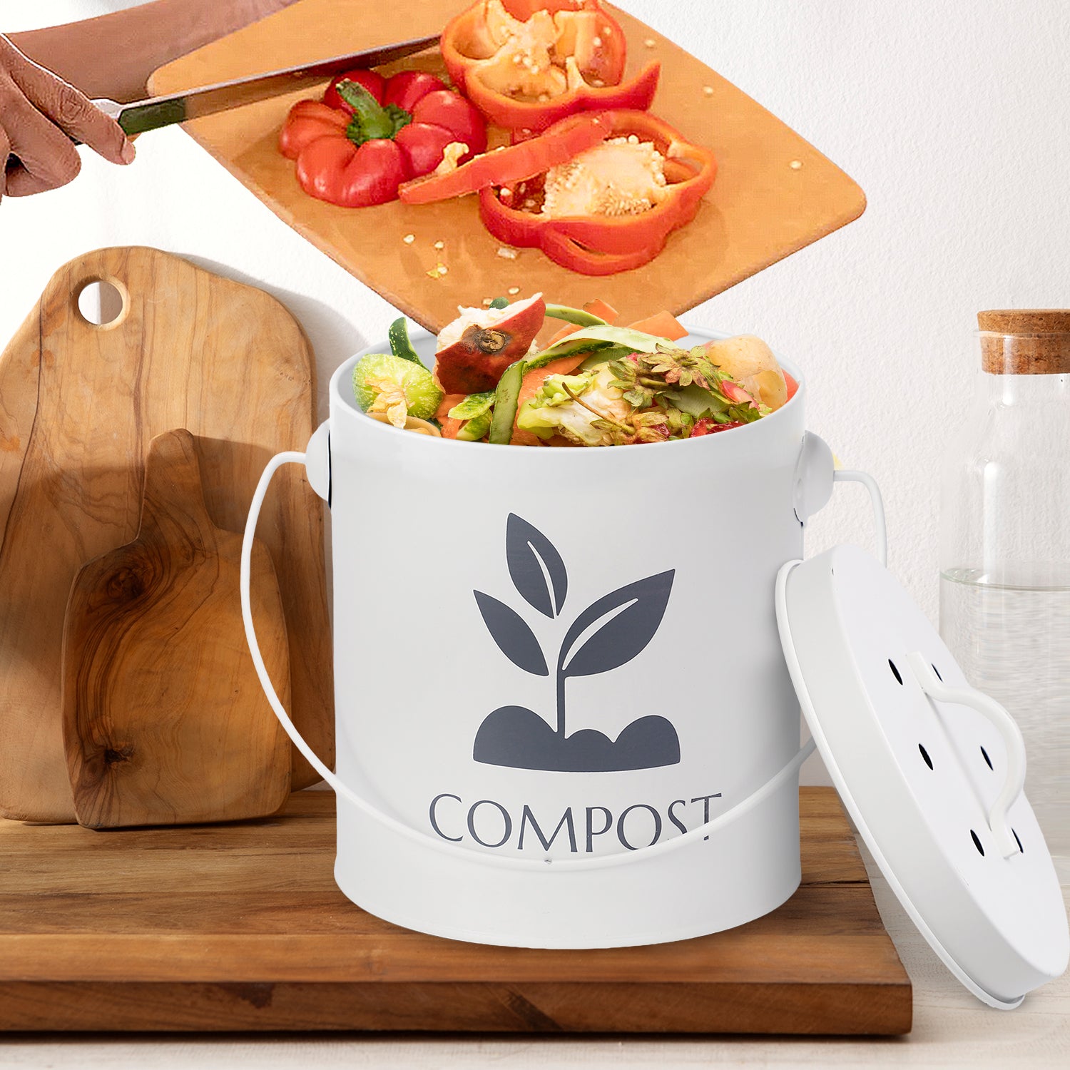 White Kitchen Compost Bin With Lid & Handle