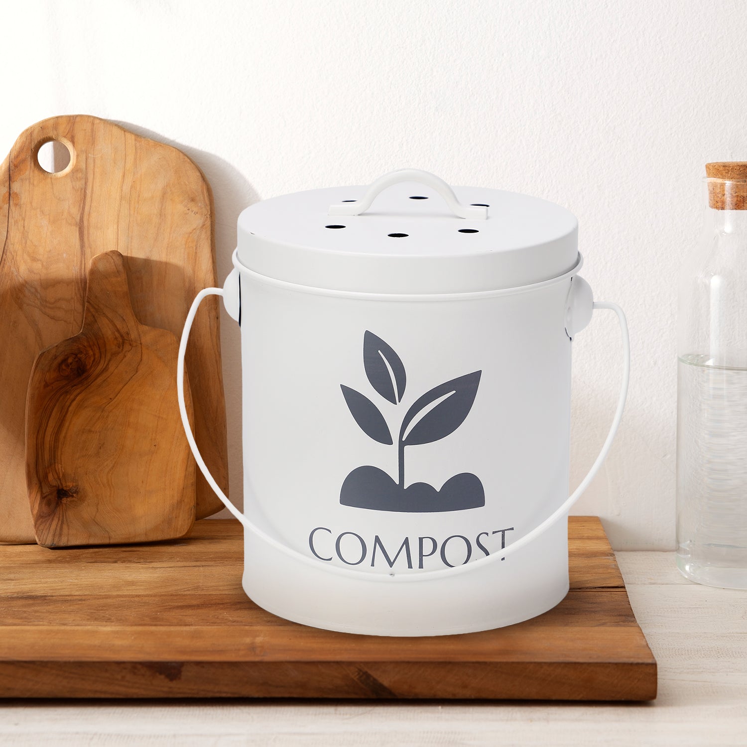 White Kitchen Compost Bin With Lid & Handle